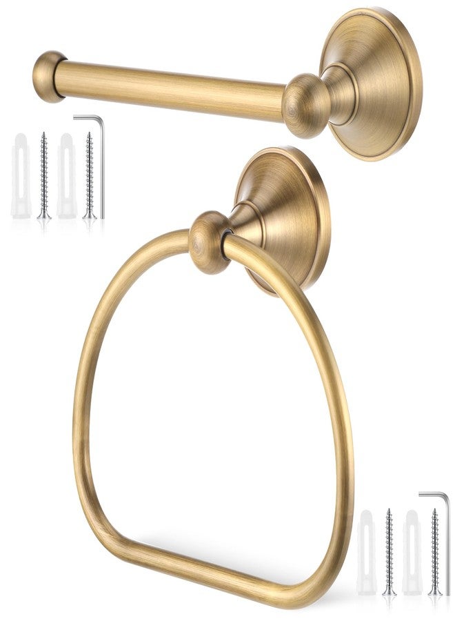 Exclaith 2 Pieces Antique Hand Towel Holder and Toilet Paper Holder Set, Brass Towel Ring, Tissue Roll Hanger, Retro Brass Hand Towels Ring, Wall Mount Bathroom Hardware - Image 1